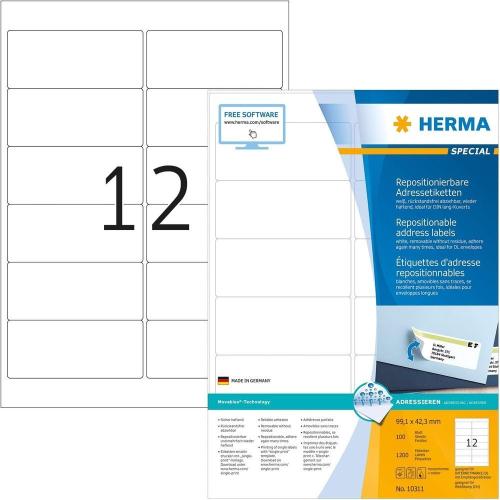 Herma Étiquettes repositionnables - 1200 étiquettes - 99.1 x 42.3 mm - 12 étiquettes imprimables par feuille A4 - Personnalisables et imprimables - Impression laser / Jet d'encre