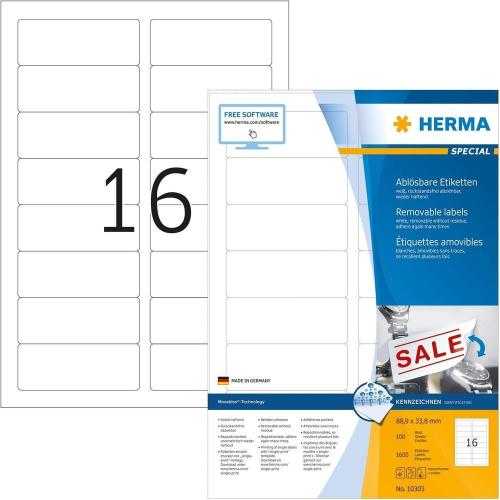 Herma Étiquettes repositionnables - 1600 étiquettes - 88.9 x 33.8 mm - 16 étiquettes imprimables par feuille A4 - Personnalisables et imprimables - Impression laser / Jet d'encre