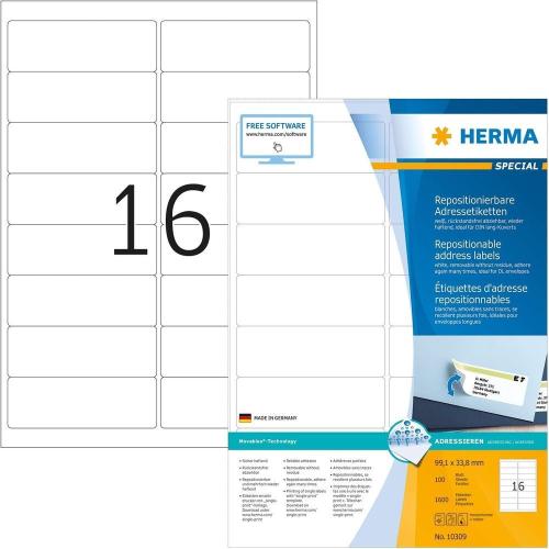 Herma Étiquettes repositionnables - 1600 étiquettes - 99.1 x 33.8 mm - 16 étiquettes imprimables par feuille A4 - Personnalisables et imprimables - Impression laser / Jet d'encre