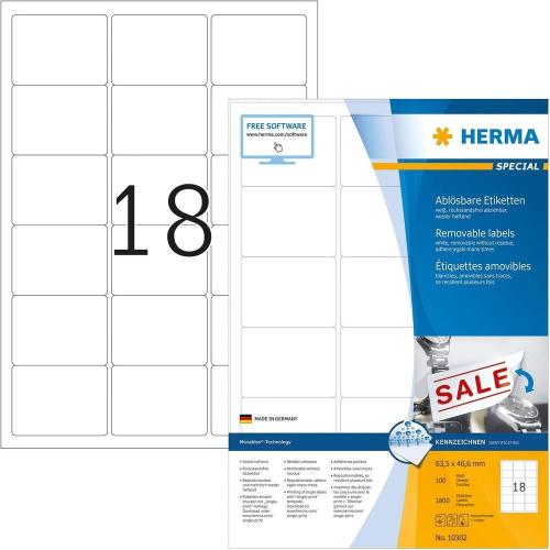 Herma Étiquettes repositionnables - 1800 étiquettes - 63.5 x 46.6 mm - 18 étiquettes imprimables par feuille A4 - Personnalisables et imprimables - Impression laser / Jet d'encre