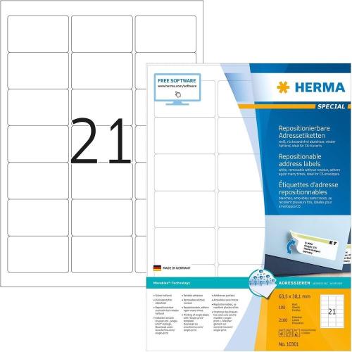 Herma Étiquettes repositionnables - 2100 étiquettes - 63.5 x 38.1 mm - 21 étiquettes imprimables par feuille A4 - Personnalisables et imprimables - Impression laser / Jet d'encre