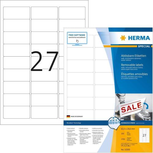 Herma Étiquettes repositionnables - 2700 étiquettes - 63.5 x 29.6 mm - 27 étiquettes imprimables par feuille A4 - Personnalisables et imprimables - Impression laser / Jet d'encre