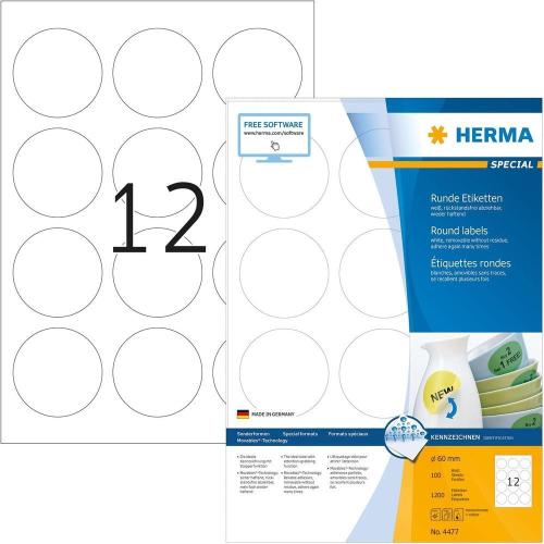 Herma Étiquettes repositionnables Rondes- 1200 étiquettes - Diamètre 60 mm - 12 étiquettes imprimables par feuille A4 - Personnalisables et imprimables - Impression laser / Jet d'encre