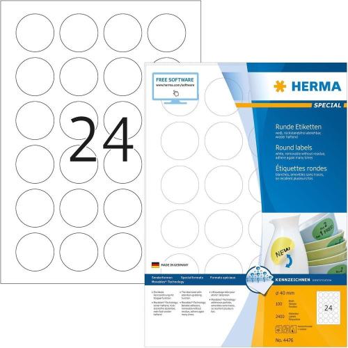 Herma Étiquettes repositionnables Rondes- 2400 étiquettes - Diamètre 40 mm - 24 étiquettes imprimables par feuille A4 - Personnalisables et imprimables - Impression laser / Jet d'encre
