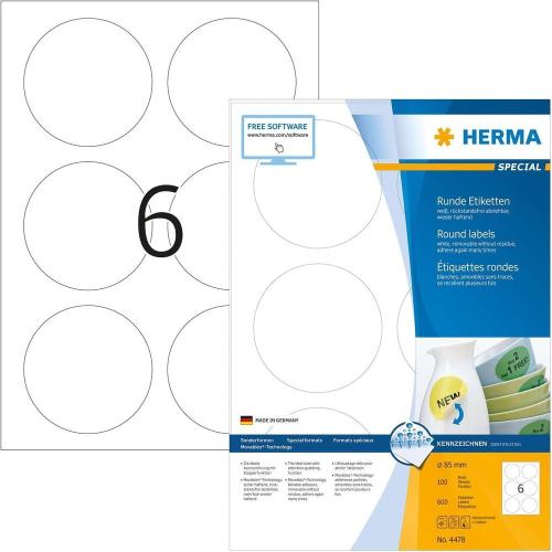 Herma Étiquettes repositionnables Rondes- 600 étiquettes - Diamètre 85 mm - 6 étiquettes imprimables par feuille A4 - Personnalisables et imprimables - Impression laser / Jet d'encre