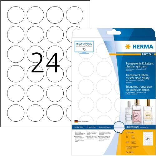 Herma Étiquettes transparentes Rondes- 2400 étiquettes - Diamètre 40 mm - 24 étiquettes imprimables par feuille A4 - Personnalisables et imprimables - Impression laser