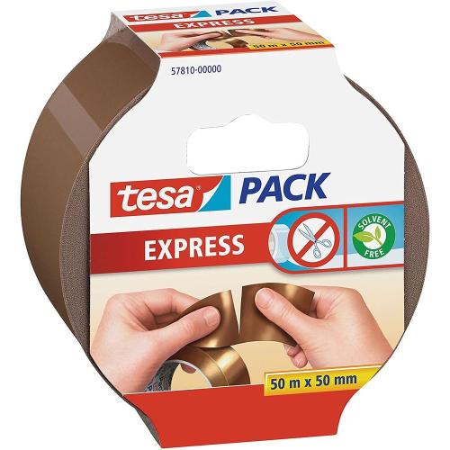 tesapack Ruban adhésif d'emballage déchirable mains, 50 mm x 50 m, havane en PVC, adhésivité particulièremt élevée, diamètre du mandrin: 76 mm, ruban Express