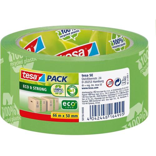 tesapack Ruban adhésif Eco & Strong, 50 mm x 66m, imprimé avec le logo 100% recycled plastic, en PP, bobine à 100% en carton recyclé, ruban à 100% en plastique recyclés (PP), couleur vert