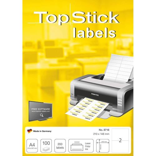 TopStick - Feuille autotocollante imprimante - 210 x 148 mm - A5 - Blanc - 200 étiquettes sur 100 feuilles A4 - Personnalisables et imprimables - Impression laser / Jet d'encre