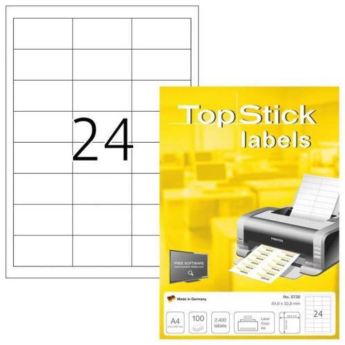 TopStick - Boite de 2400 étiquettes d'adressage autocollantes (24 par feuille A4) - Format 64,6x33,8 mm - Personnalisables et imprimables