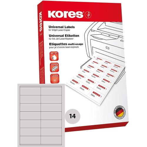 Kores - Feuille autotocollante imprimante - 105 x 41 mm - Blanc - 1400 étiquettes sur 100 feuilles A4, sans marge pour imprimantes à jet d'encre et laser et photocopieuse