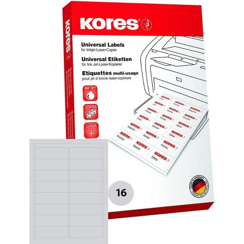 Kores - Feuille autotocollante imprimante - 99,1 x 33,9 mm - Blanc - 1600 étiquettes sur 100 feuilles A4, sans marge pour imprimantes à jet d'encre et laser et photocopieuse