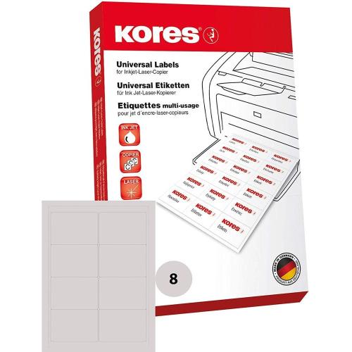 Kores - Feuille autotocollante imprimante - 99,1 x 67,7 mm - Blanc - 800 étiquettes sur 100 feuilles A4, sans marge pour imprimantes à jet d'encre et laser et photocopieuse